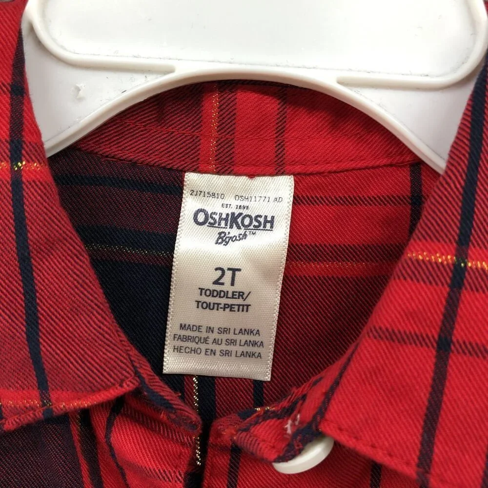 NWT Oshkosh B'gosh Girls 2T Long Sleeve Dress Tutu Red Plaid Holiday Shirt Dress